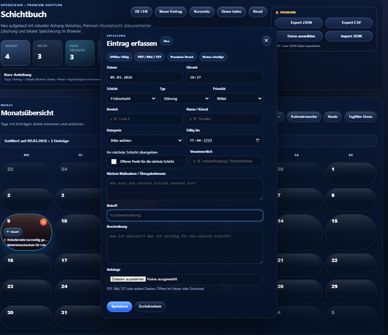 OpsDeck360 Schichtbuch Übersicht