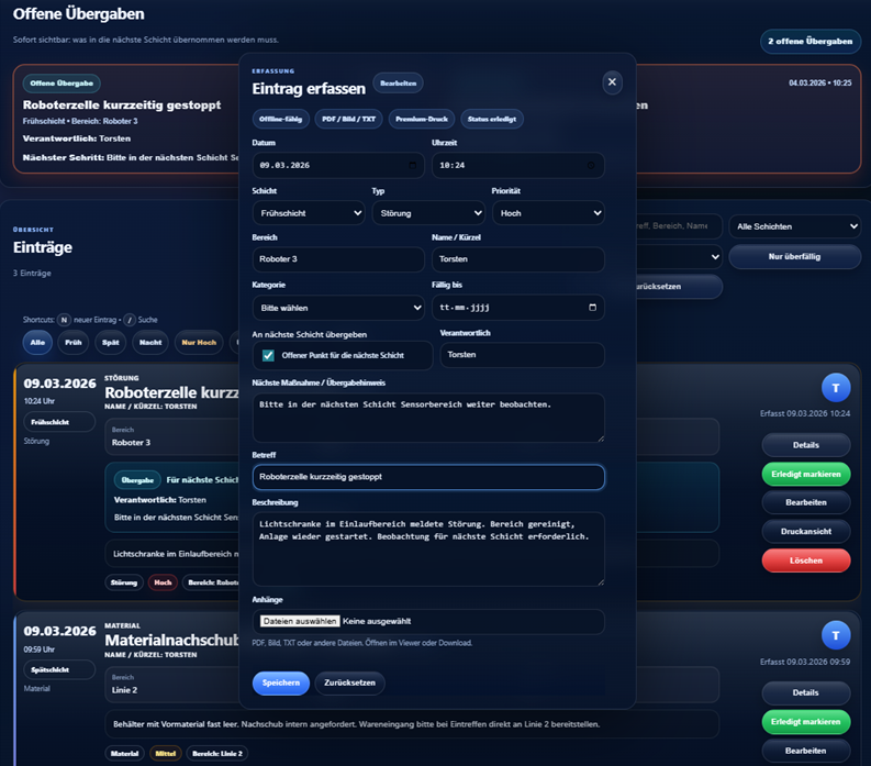 OpsDeck360 Schichtbuch Detailansicht